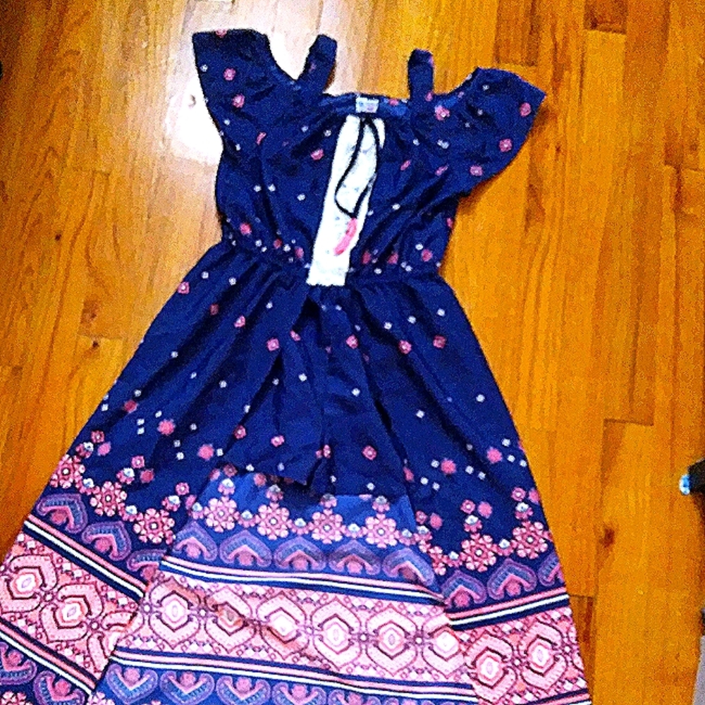 Pant dress with pink dark blue and white on it